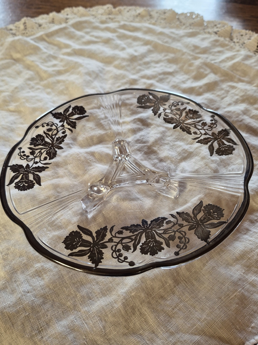 Vintage Glass 3 Footed Dish With Silver Dipped Trim